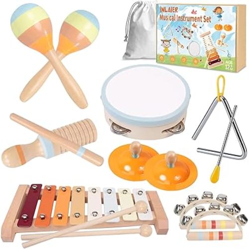 Baby Musical Instruments-Wooden Montessori Musical Toys for Toddlers 1-3, INLAIER Neutral Colors Xylophone Tambourine Musical Instruments for Toddlers 1-3 4 5 Kids Preschool Educational Gifts