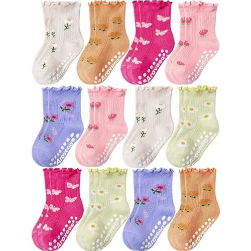Aroveea Baby Toddler Girls Socks Grip Ruffle Non Slip Girls Cotton 12 Pack Socks for Kids Cute Ankle 6M-7Years