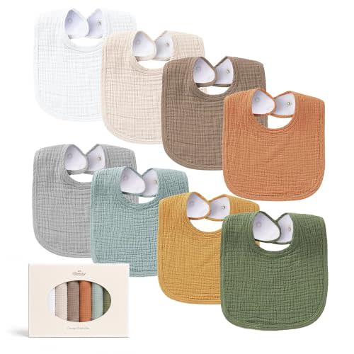 Konssy 8-Pack Muslin Baby Bibs, Adjustable Fit for Drooling and Teething | Soft Absorbent, Drool Bibs for Baby Boys Girls, Cotton Front with Fleece Backing, Newborn to Toddler 0-36M