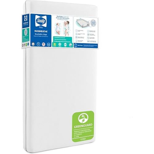 Sealy Baby DuoBreathe 2 Stage Breathable Crib Mattress, GREENGUARD Gold Certified, Made in USA, Waterproof, Premium Dual Firmness and Hypoallergenic, Toddler Bed Fit, 52x28