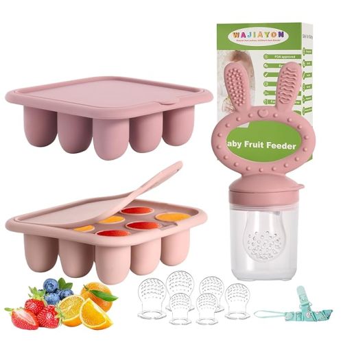 WAJIAYON Baby Breastmilk Popsicle Molds & Baby Fruit Feeder (4 Pack), Infant Food Freezer Tray Storage Containers, Silicone Teething Pacifier Feeder and Teether for Babies(Pink&Purple)