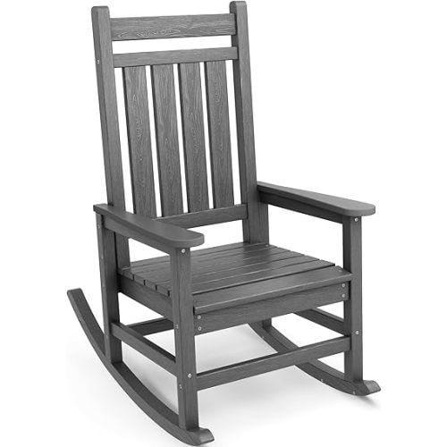 SERWALL Oversized Rocking Chair, Outdoor Rocking Chair for Adults, All Weather Resistant Porch Rocker for Lawn Garden, Grey