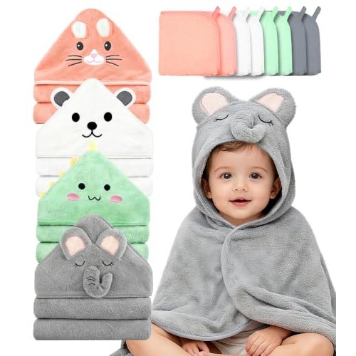 12 PCS Baby Bath Towels Set, Animal Hooded Baby Towels for Newborn Gifts | 4 PCS Hooded Baby Towels + 8 PCS Washcloths Set, Ultra Absorbent & Soft, Cute Newborn Bath Essentials Gifts for Boys Girls