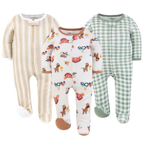The Peanutshell Cozy Farm Footed Baby Sleepers for Boys and Girls, 3-Pack, 6-9 Months