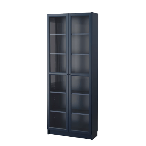 BILLY Bookcase with glass doors, dark blue, 31 1/2x11 3/4x79 1/2" - IKEA US