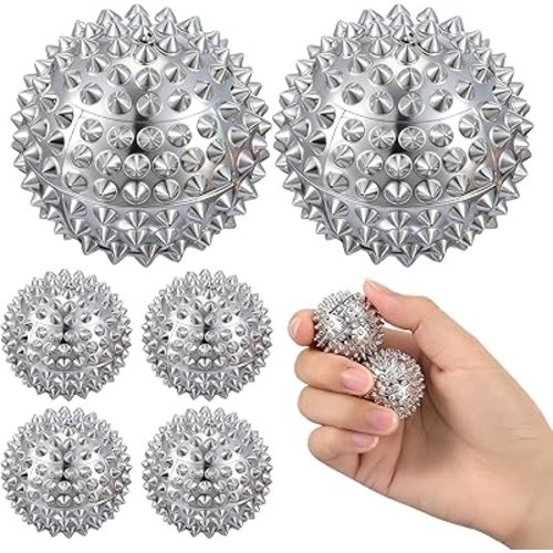 6 Pcs Magnetic Massage Ball for Adults Spiky Massage Ball for Hand Exercise, Pain Pressure and Stress Relief Christmas Gifts for Stocking Stuffers(Silver)