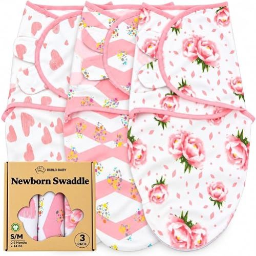 Newborn Swaddle Blanket 3-Pack, S/M 0-3 Months, GOTS Certified Organic Cotton, Adjustable Hook-and-Loop Wrap, Soft Breathable Sleep Sack, Reduces Startle Reflex for Boys & Girls