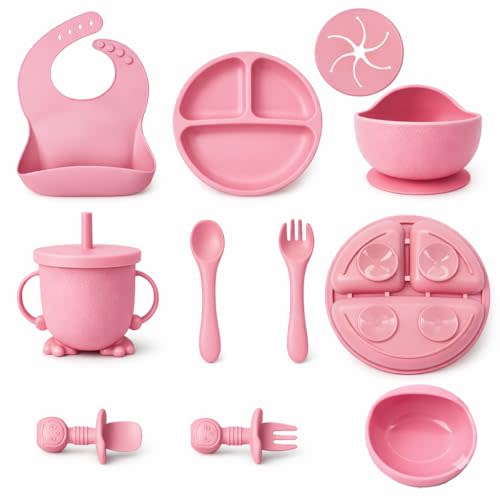 Baby Feeding Set, Silicone Baby Feeding Set with Suction Bowls, Divided Plates, Adjustable Bib, Baby Utensils Spoons, Forks & Cup Complete Baby Eating & Weaning Essentials (Pink)