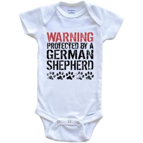 Warning Protected By A German Shepherd Funny One Piece Baby Bodysuit Funny Dog Baby Bodysuit