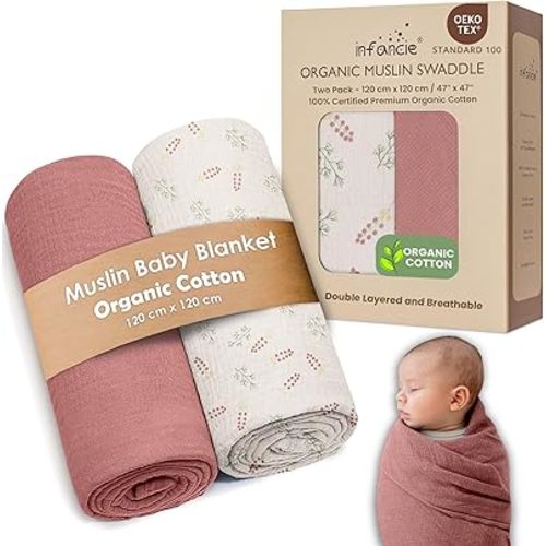 Organic Cotton Muslin Baby Blanket - 47x47 Inch Breathable Swaddle, Hypoallergenic Double-Layer, Versatile Use (Pink Floral, 47x47 Inch)