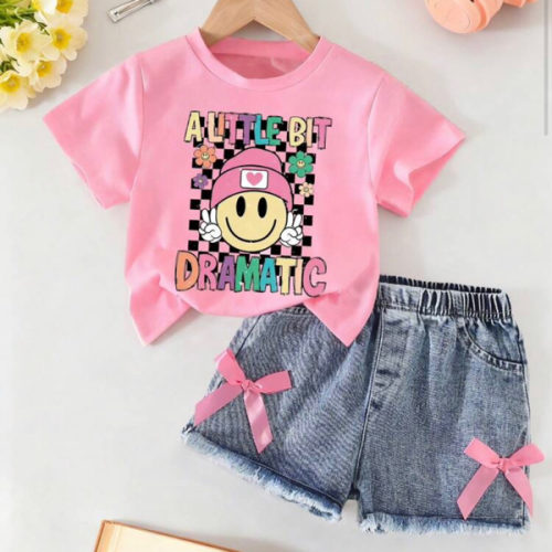 Baby Girl Cartoon Print Short Sleeve Top And Solid Color Denim Shorts | SHEIN USA