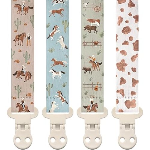 Stadela Baby Fabric Pacifier Clip Holder, Plastic Clip, 4‑Pack, Western Pattern, West Set