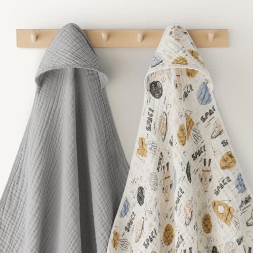 Looxii Baby Bath Towels 2 Pack Muslin Hooded Baby Towels for Newborn and Infants, 100% Cotton, Large 32x32Inch, Soft and Absorbent Grey+Space