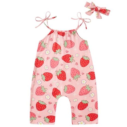 Toddler Baby Girls Romper Sleeveless Jumpsuit Summer Clothes Adjustable Tie-Up Strap with Pocket Headband 1-5T