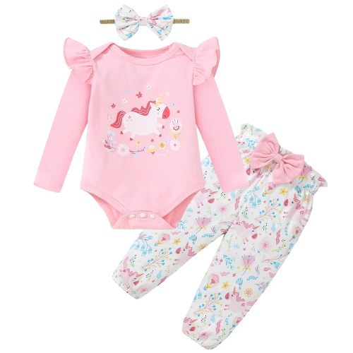 DISAUR Baby Girls Clothes Newborn Infant Baby Girls Outfit Long Sleeve Ruffle Romper Floral Pants Headband Sets 0-18 Months