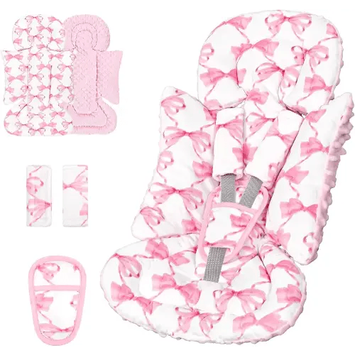 Infant Car Seat Insert, Soft Baby Car Seat Head & Body Support for Girl Boy, Reversible Newborn Preemie Carseat Insert Cushion with 3 Straps Pads, Fits Car Seat, Stroller, Swing, Bouncer, Pink Bow