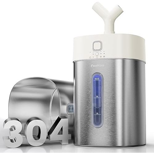 Feekaa Stainless Steel Humidifier, Easy Clean Dishwasher Safe, 4L/1Gal Cool Mist Humidifiers for Bedroom, Humidifiers for Baby, Humidifier Large Room for Nursery, Plant, Office, Living Room, White