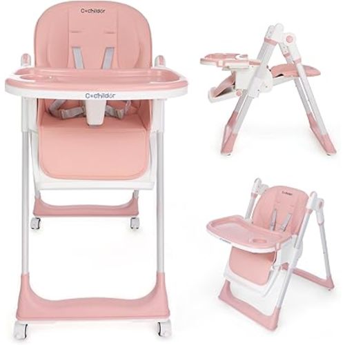 3-in-1 Foldable High Chair for Babies & Toddlers – Adjustable Height, Reclining Seat, 5-Point Safety Harness, Removable Tray, Lockable Wheels, Washable Cushion – Portable & Easy Clean, Pink