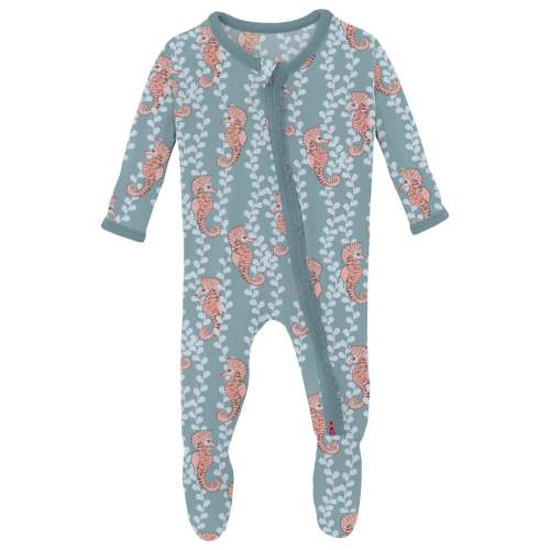 Print Muffin Ruffle Footie with 2 Way Zipper in Stormy Sea Seahorses 9M-12M