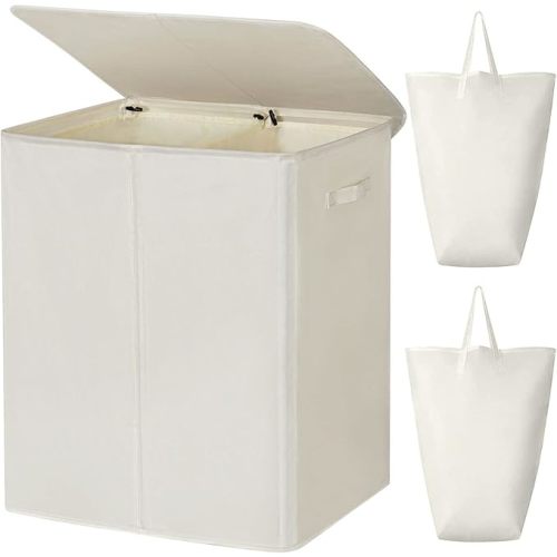 WOWLIVE 154L Double Laundry Hamper with Lid and Removable Laundry Bags, Large Dirty Clothes Hamper 2 section Collapsible Laundry Basket Dorm Room Storage for Bedroom, Bathroom, College,Beige