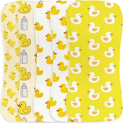 5pcs Yellow Duck Burp Cloths for Baby Boys Girls Parent,100% Cotton Cute Duckies Theme Design Burp Rags,Muslin Burping Cloths Absorbent Spit-Up Cloths for Infant Newborns