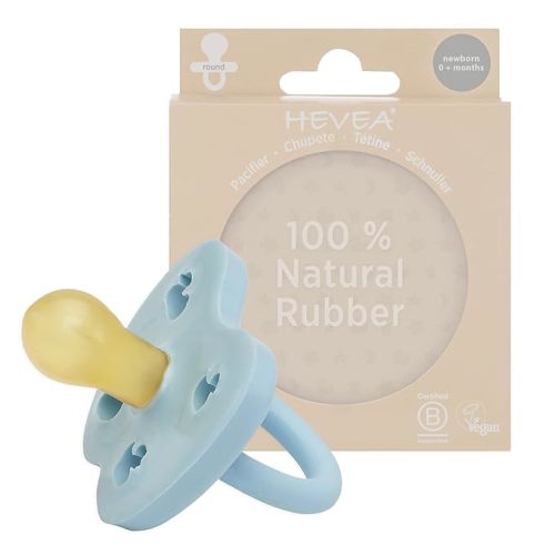 HEVEA Natural Rubber Pacifier Round Newborn 0+ Months – Hygienic One Piece Design for Newborns to Toddlers, BPA-Free, Soft & Durable – Single-Pack (Baby Blue)