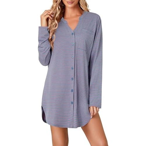 Vrtige Women's Striped Nightshirt Button Down Long Sleeve Nightdress Nightgown with Pocket
