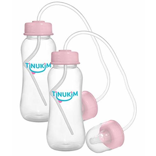 Tinukim iFeed 9 Ounce Self Feeding Baby Bottle with Tube - Handless Anti-Colic Nursing System, Pink - 2-Pack