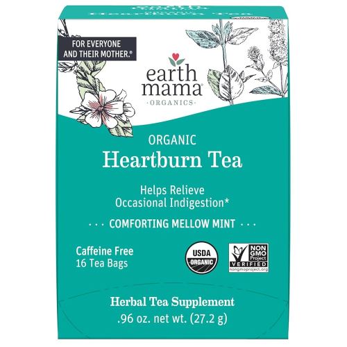Earth Mama Organic Heartburn Tea | Pregnancy-Safe Soothing Herbal Blend with Marshmallow Root, Lemon Balm & Chamomile, 16 Teabags Per Box