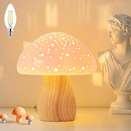 BOHON Mushroom Lamp - Ceramic Bedside Table Lamp for Bedroom Nightstand, Vintage Cute Small Night Light with LED Bulb Included, Pink Home Decor for Girls Living Room Kids Desk, Light Pink