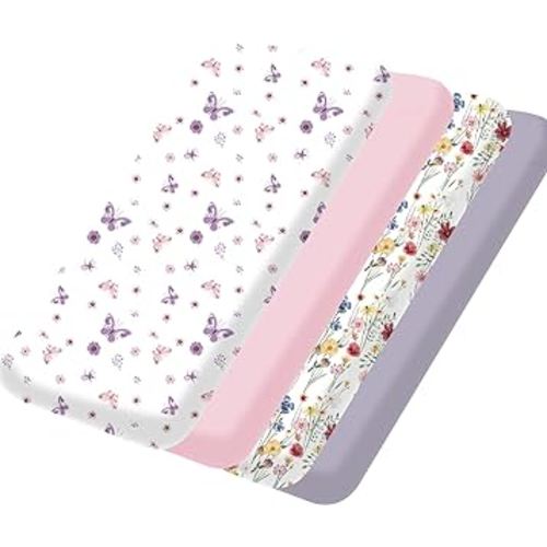 bimocosy Mini Crib Sheets,Pack and Play Sheets for Baby Girl Boy 4 Pack,Size 38"x 26" for Playard Mattress,Portable Mini Crib,Soft Pack N Play Sheets Fitted,Butterfly/Floral/Pink/Purple