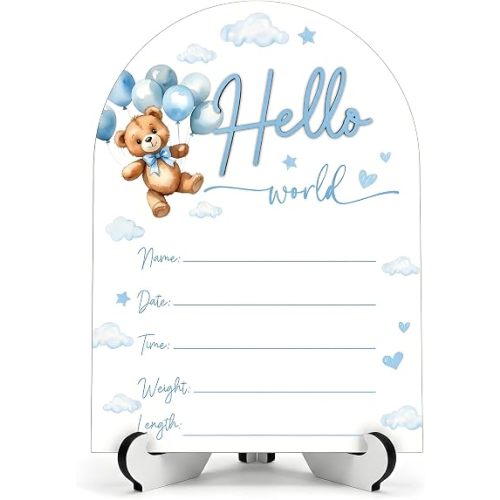 3D Baseball Hello World Newborn Sign for Hospital, Baseball Baby Announcement Sign for New Baby Boy Girl, Welcome Babies Birth Wooden Signs for Nursery, Neutral Newborn Photography Props-A02