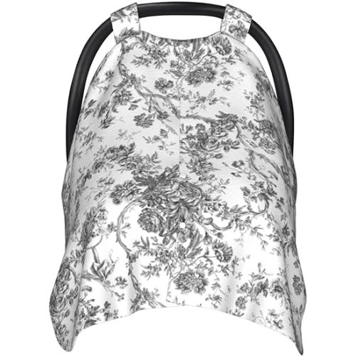 Elegant Vintage French Engraved Floral Toile-Grey Baby Car Seat Canopy，360-Degree Breastfeeding Cover with Plush Backing