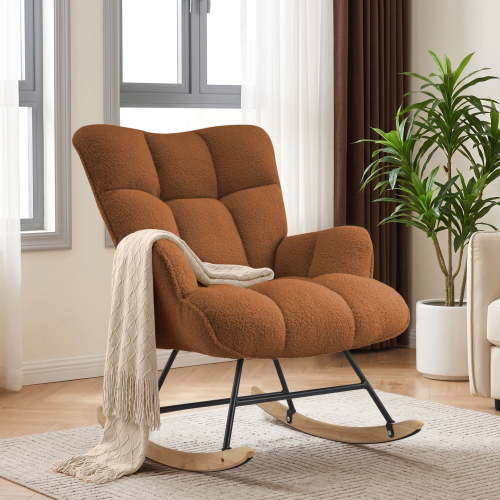 AUNEKIV Nursery Rocking Chair, Teddy Accent Armchair with High Backrest, Upholstered Glider Rocker for Living Room, Bedrooms, Playroom, Brown