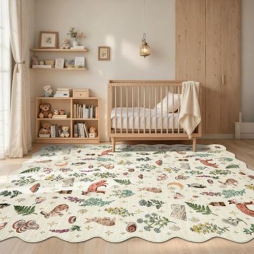 5'x7' Scalloped Woodland Animal Washable Area Rug, Cute Fox Rabbit Carpet Foldable Stain Resistant Floor Cover for Living Room Playroom Bedroom