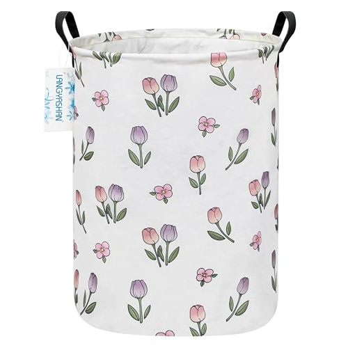 LANGYASHAN Laundry Basket Canvas Fabric Collapsible Organizer Basket for Storage Bin Toy Bins Gift Baskets Bedroom Clothes Children Nursery Hamper (Tulip)