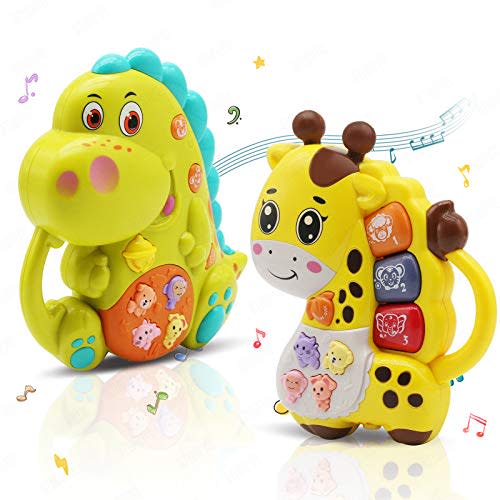 INTEGEAR 2 Pack Baby Musical Toys, Educational Light Up Toy with Sound and Piano Keyboard Gift for Toddlers Infants 6-12 Months and Up, Dinosaur and Giraffe