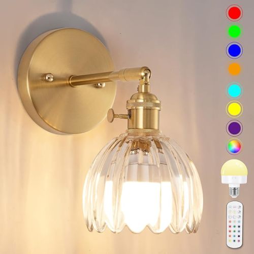 Battery Operated Wall Sconce, Vintage Wall Sconce with Transparent Tulip Glass Lampshade Rechargeable Battery Powered Wall Light with Remote Control for Bedroom,Living Room, Hallway, Aisle