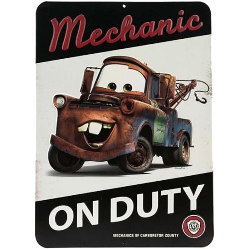 Disney Pixar Cars Tow Mater Mechanic On Duty Embossed Metal Sign - Vintage Tow Mater Sign for Bedroom or Garage
