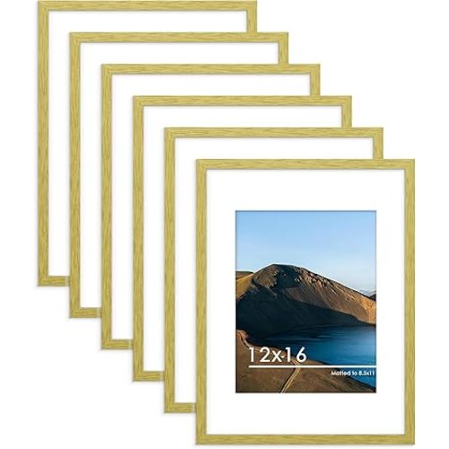 PEALSN 12x16 Picture Frame Set of 6, Display Pictures 8.5x11 with Mat or 12 x 16 without Mat for Wall Mounting Display, Photo Frames Collage for Wall Decor, Gold