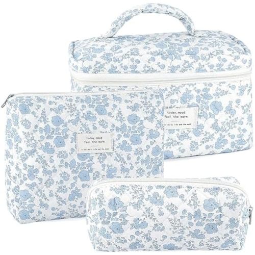 3Pcs Makeup Bag Quilted Cosmetic Bag Set Bow Travel Large Makeup Pouch for Women Cute Portable Cotton Toiletry Bag Skincare Organizer Coquette Vintage Travel Essential
