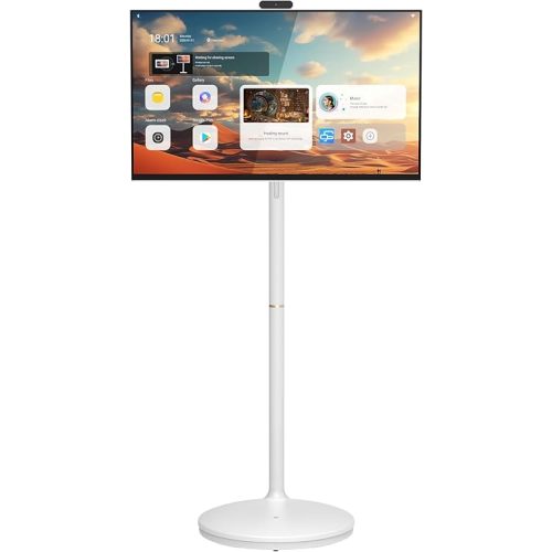 32" 2K Smart Portable TV, Rolling TV on Wheels, Anti-Glare Touchscreen Monitor, Rechargeable Battery, Full Swivel Rotation, 20W Speakers, Snap-on Camera