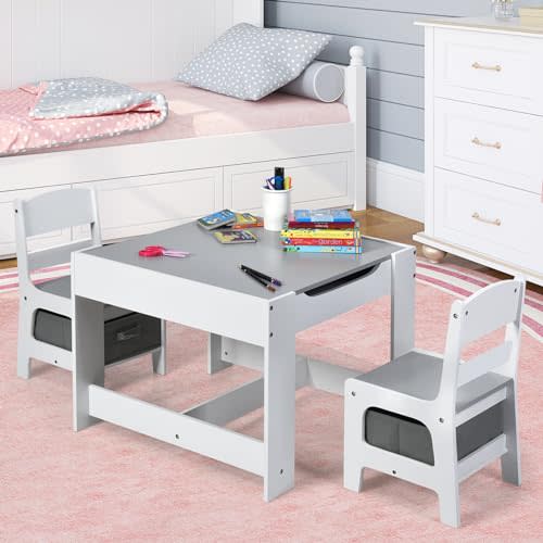 Costzon Kids Table and Chairs, 3 in 1 Art & Craft Toddler Table Set | Wooden Activity Desk Set w/ Reversible Tabletop & Multiple Storage Space, for Children Drawing, Reading, Playing (Gray)