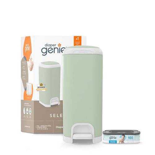 Diaper Genie Select Pail (Green) is Made of Durable Stainless Steel and Includes 1 Starter Square Refill That can Hold up to 165 Newborn-Sized Diapers.