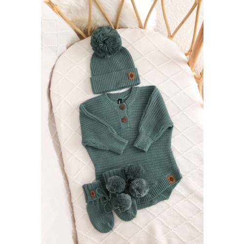 Chunky Knit Romper Set with Beanie & Booties in Pine