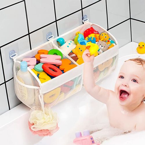 Austion Original Two Compartment Easy-access Mesh Bath Toy Organizer for Bath Tub with Large Openings Quick Drying Cute Toddler Bath Toy Storage Holder for Baby