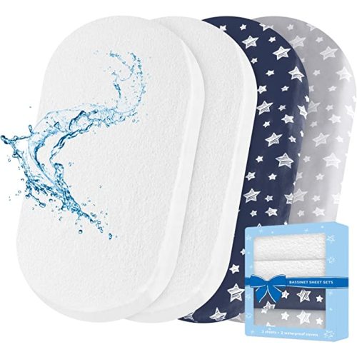 Bassinet Sheets & Waterproof Bassinet Mattress Pad Protector 4 Pack Set, Viscose Terry, Universal Fit for Oval, Hourglass and Rectangular Mattress, Grey & Navy