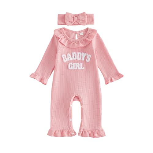 Tsultryofs Baby Girl Romper Newborn Infant Fall Clothes Ruffle Jumpsuit | Letter Embroidery Long Sleeve Crew Neck Waffle Jumpsuits with Headband