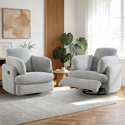 Ebello Swivel Recliner, Manual Rocking Reclining Chair with 2 Bolster Pillows, Hidden Storage for Living Room, Light Grey(Set of 2)