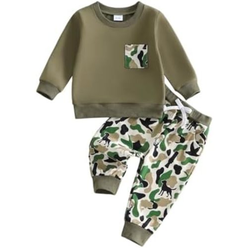 PUHHAPIEY Toddler Boy Clothes Baby Outfits Fall Winter Camo Hunting Retro Pullover Sweatshirts + Camouflage Pants Set